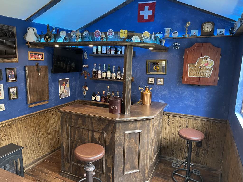 Sam's handmade bar inside the perfect pub shed.