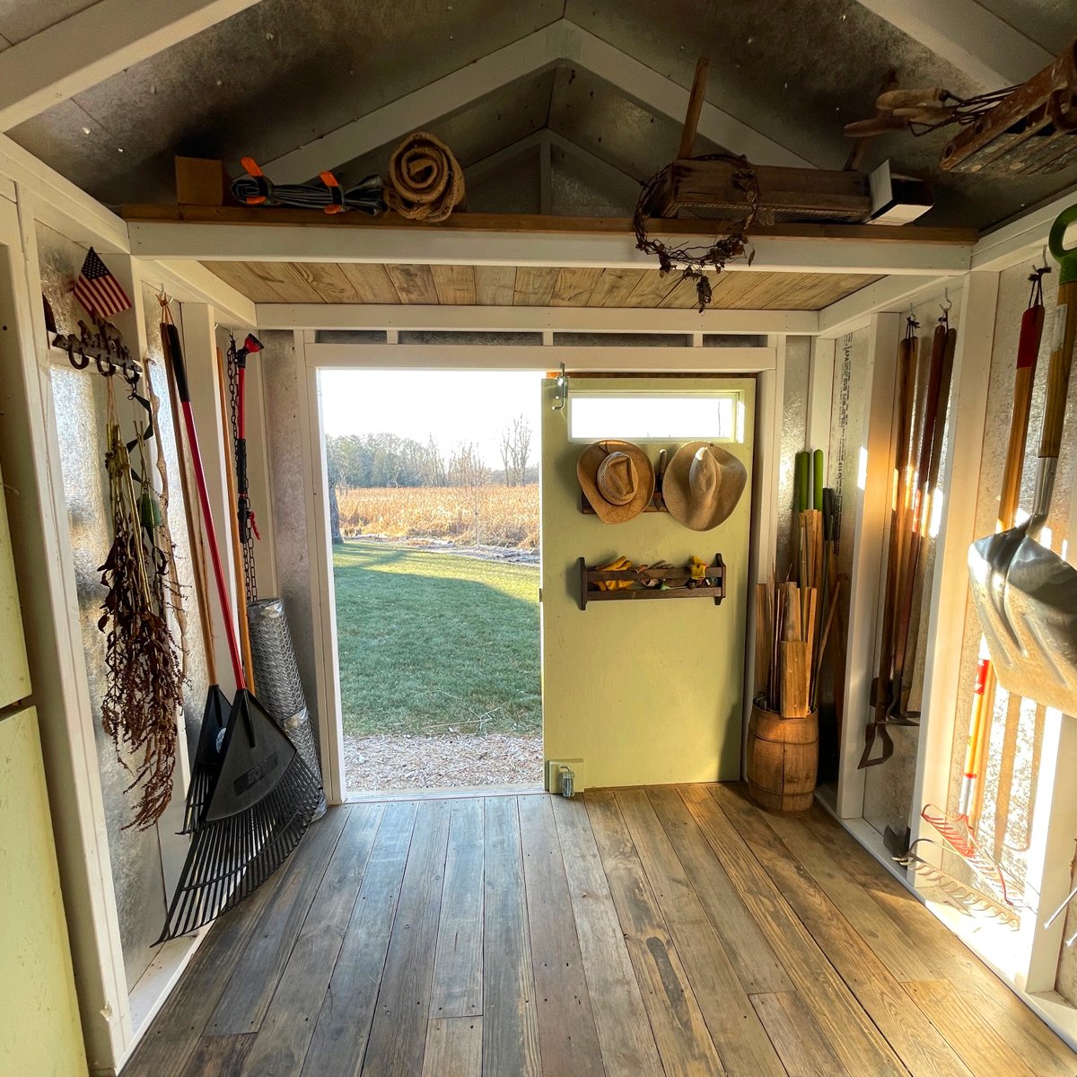 The double door view for Helen and Rudy's rustic garden shed.