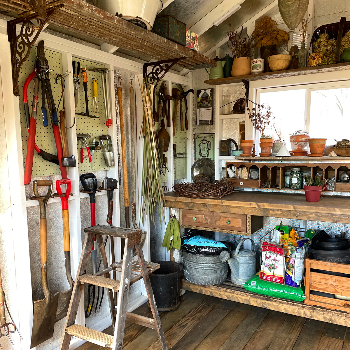 A closer look at the storage space inside the rustic garden shed.