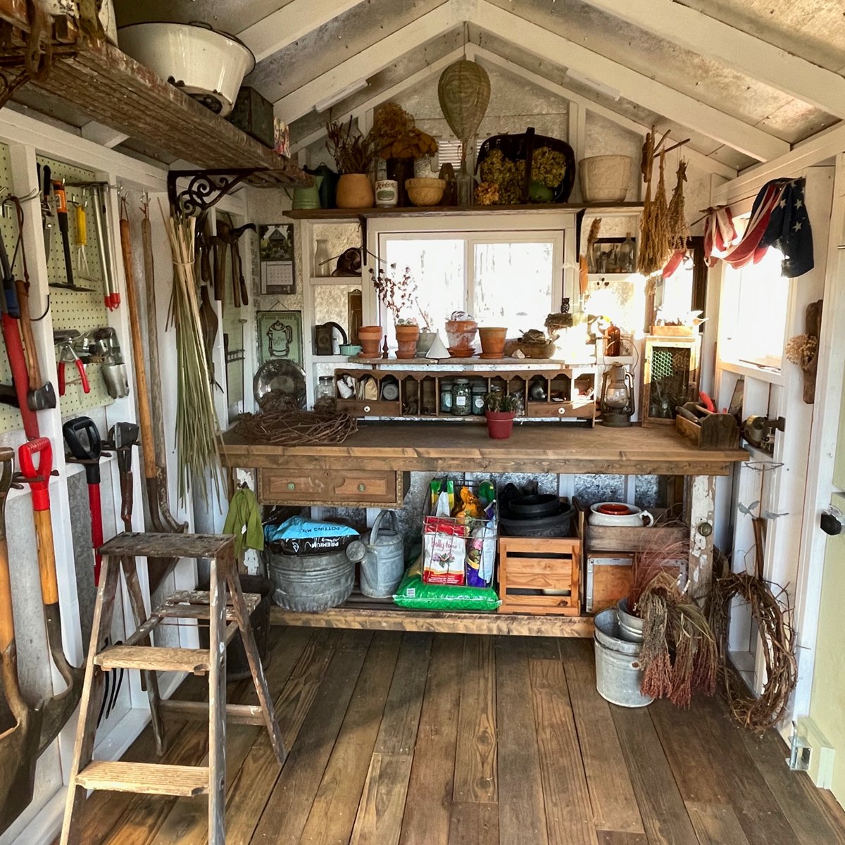 Rustic decor inside Rudy and Helen's garden shed.