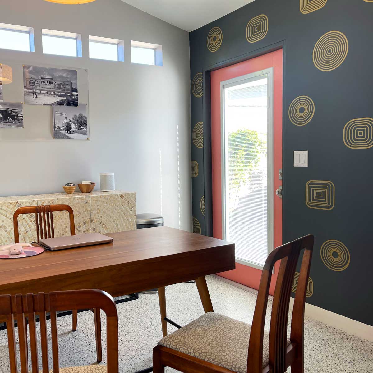 Stacy's completed backyard office, featuring midcentury modern design.