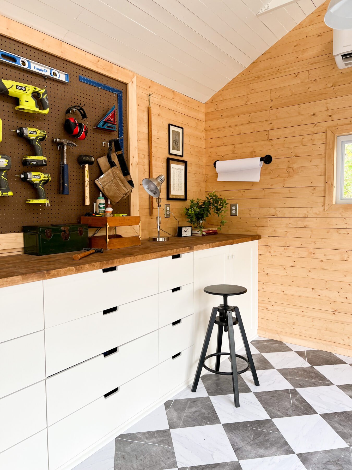 A look at the DIY workshop workbench and tool storage.