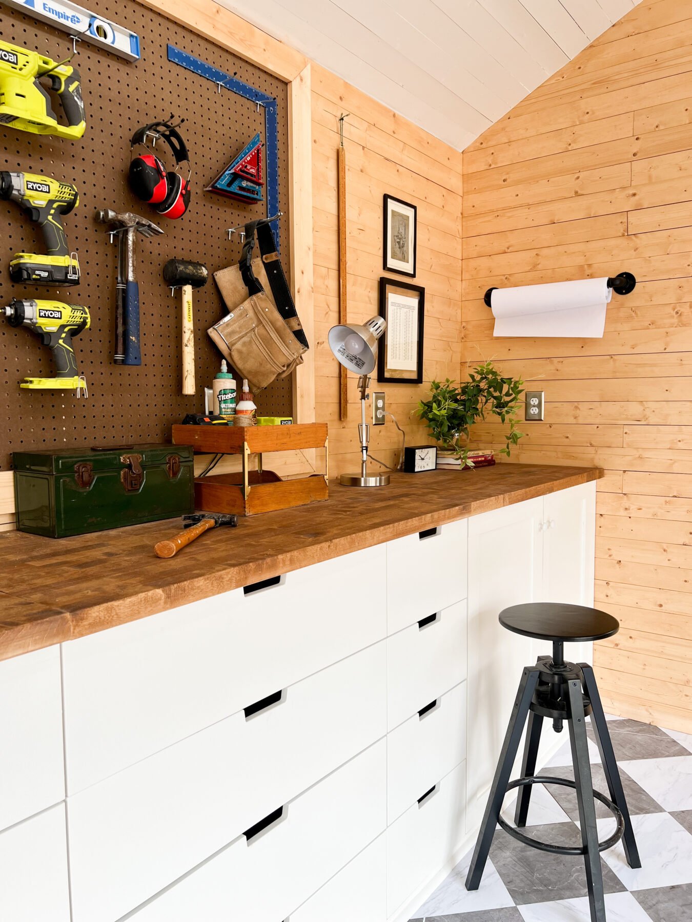 A closer look at the butcher block workbench inside the Premier PRO Tall Ranch.