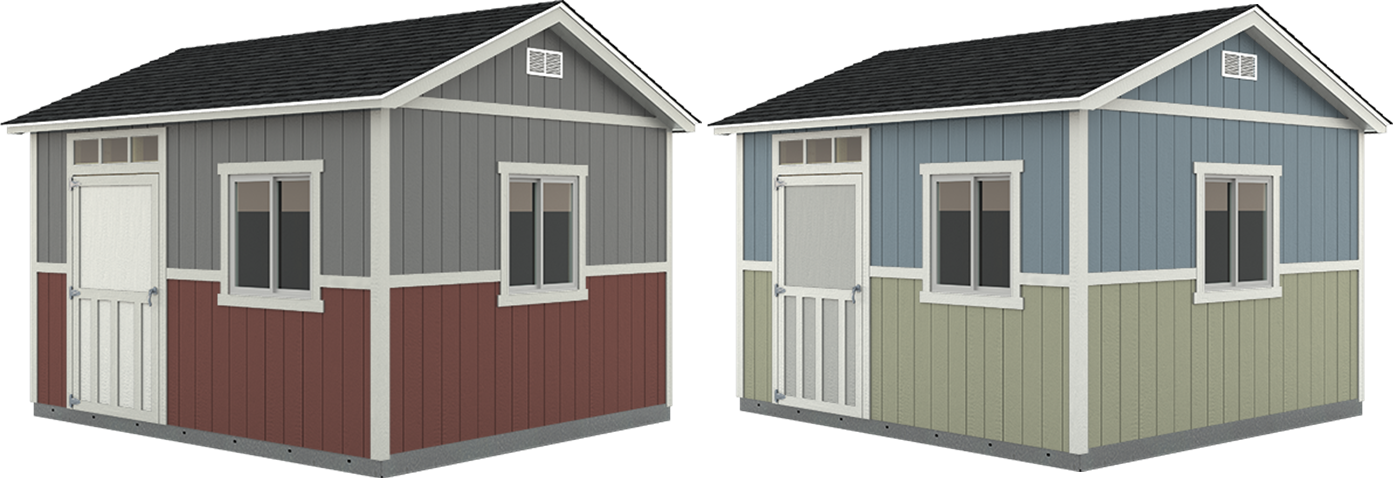Two of our Premier Pro Tall Ranch sheds featuring our new Wainscot Wall Upgrade. 