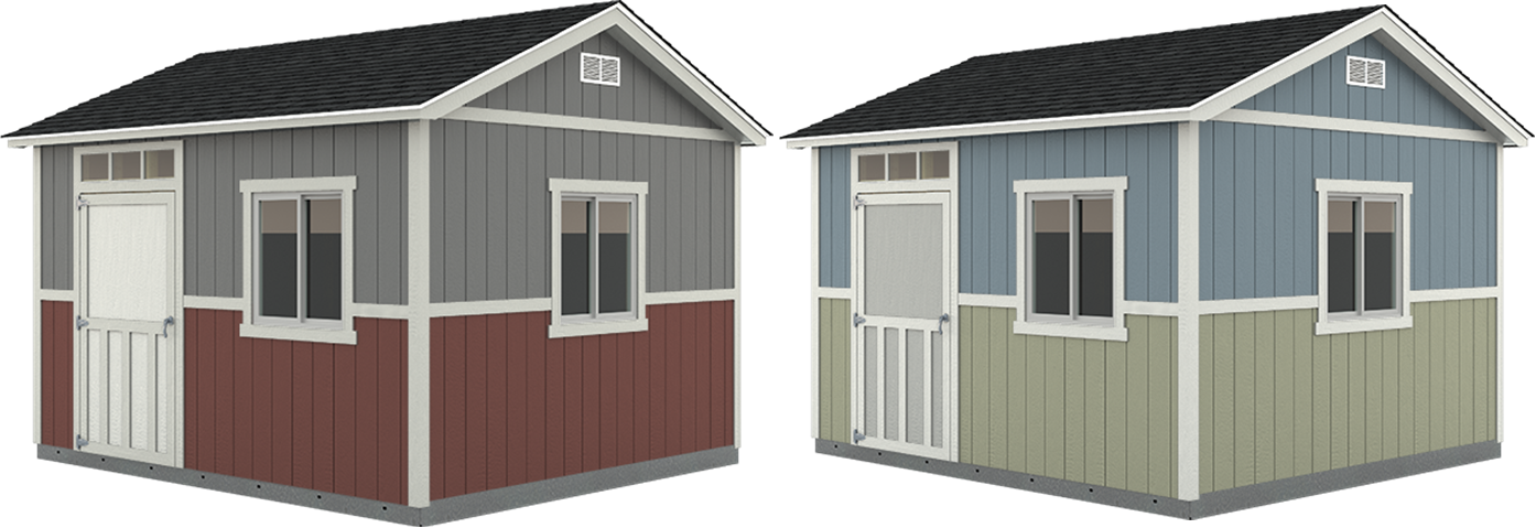 Two of our Premier Pro Tall Ranch sheds featuring our new Wainscot Wall Upgrade.