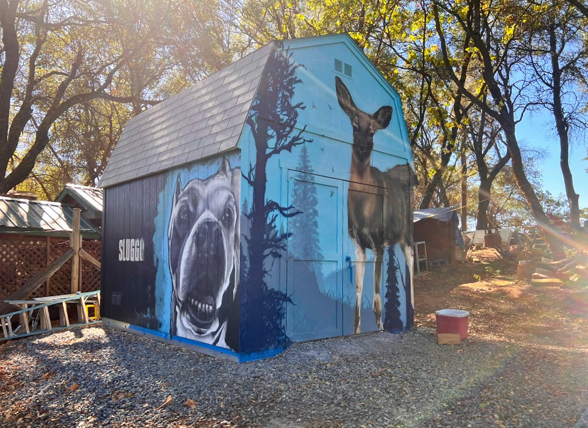 Tuff Shed with murals of dog and deer