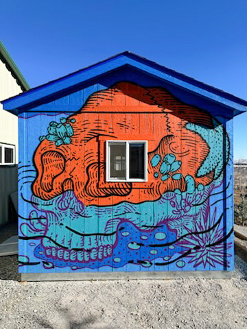 blue mural shed
